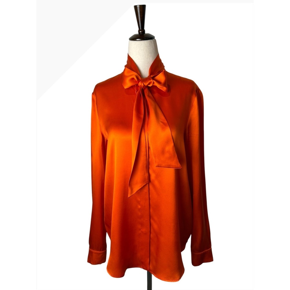 Max & Co Silk Satin Bow Blouse Women 6 Orange Tie Neck Long Sleeve Top Luxury - Picture 2 of 13
